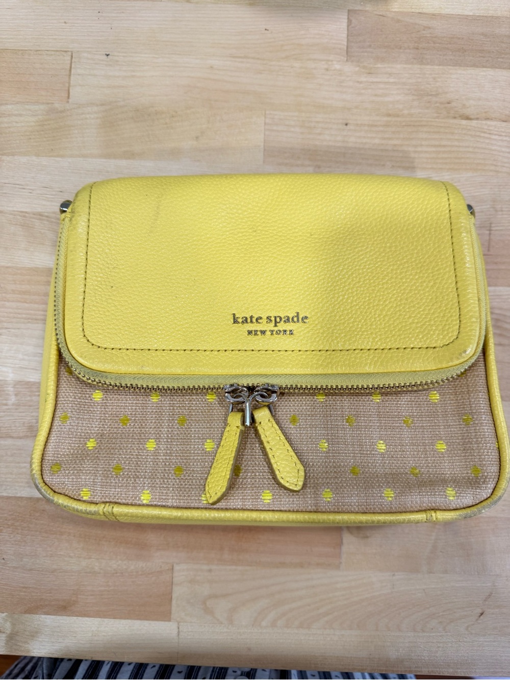kate spade yellow polka dot crossbody with gold-tone accents